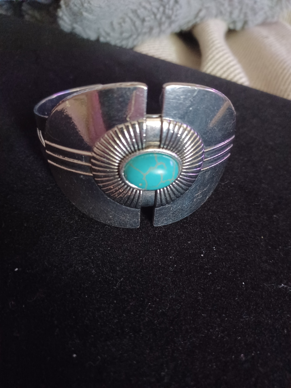 Silver Tone Faux Turquoise Center Silver Cuff Bracelet - Women Jewelry